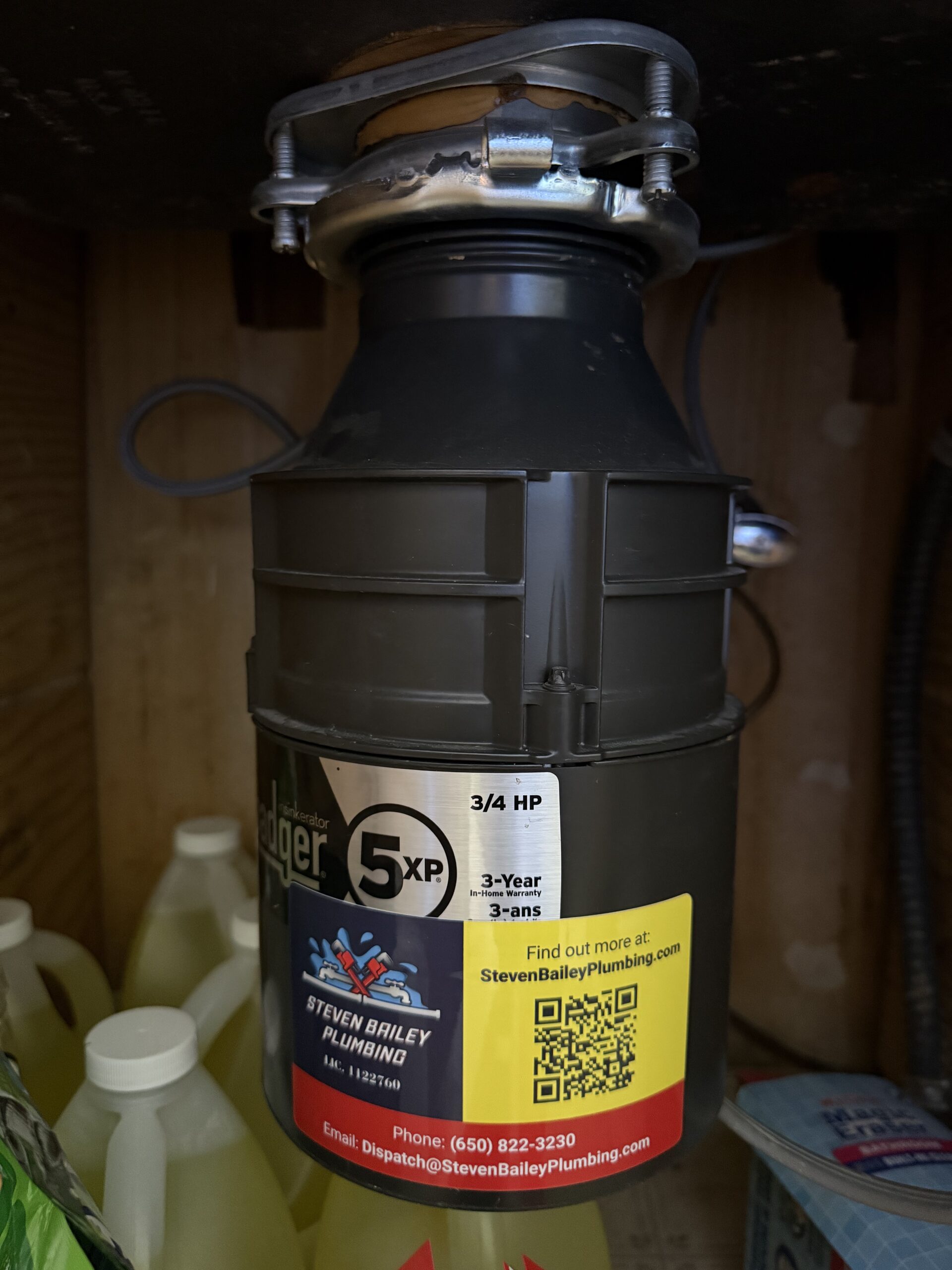 InSinkErator Badger 5XP 3/4 HP garbage disposal professionally installed under kitchen sink