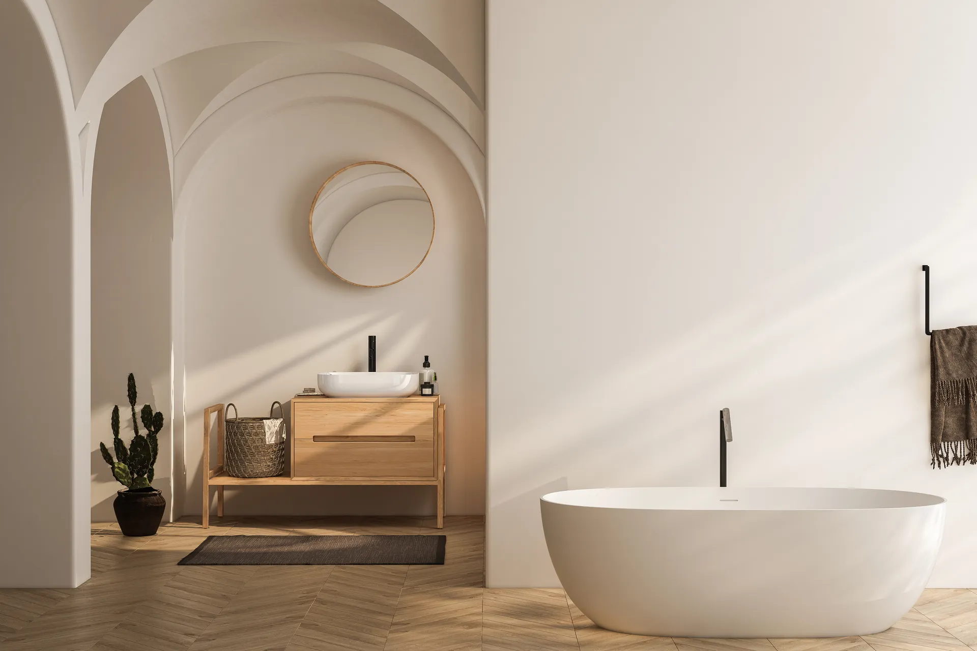 Modern spa bathroom freestanding tub arched walls